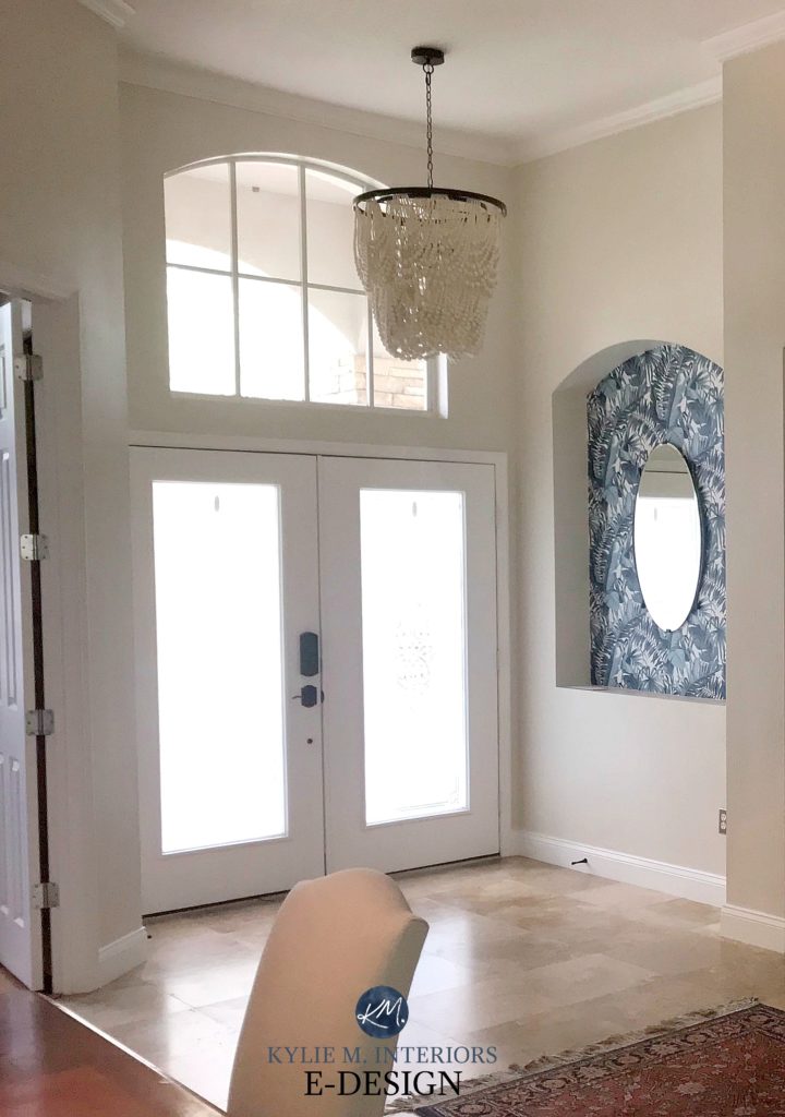 Sherwin Williams Neutral Ground with travertine tile flooring in entryway. Kylie M Edesign, online paint consulting advice