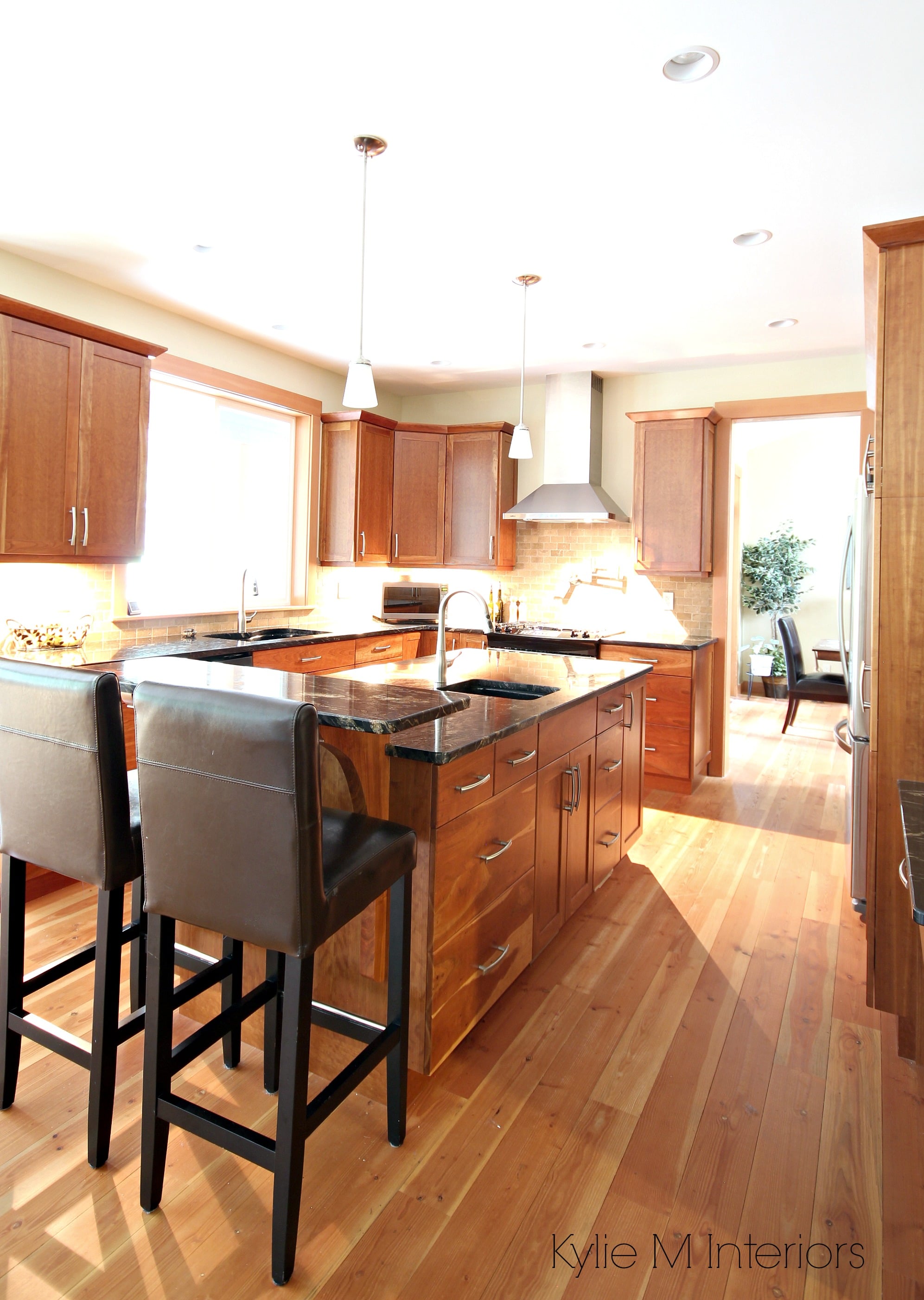 Kitchen With Natural Cherry Cabinets And Fir Flooring Island With