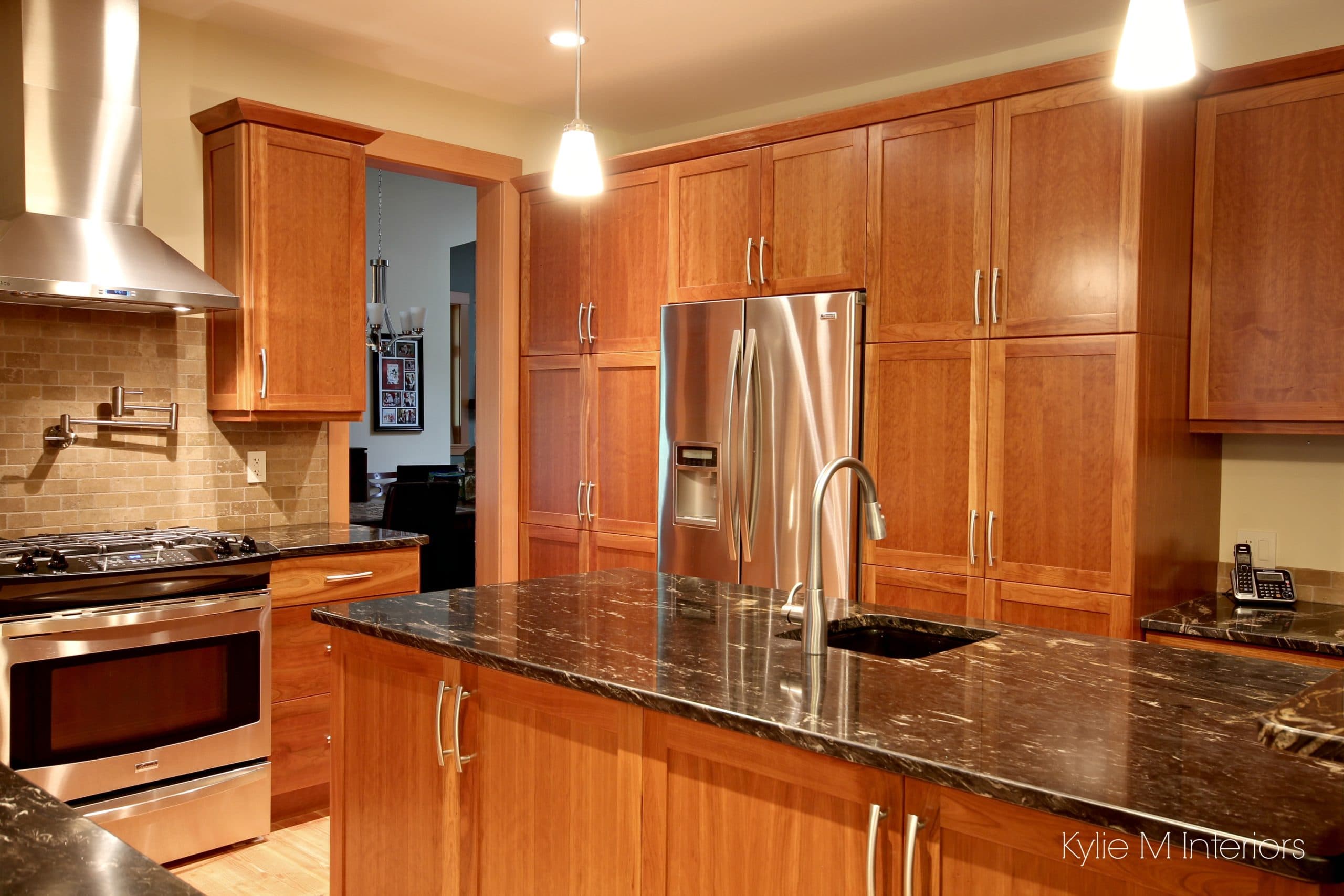 Natural cherry cabinets in kitchen, island, pantry wall ...