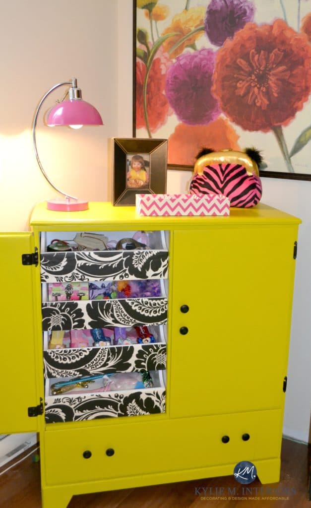 Kids dress up cabinet, for clothes painted chartreuse by Kylie M Interiors
