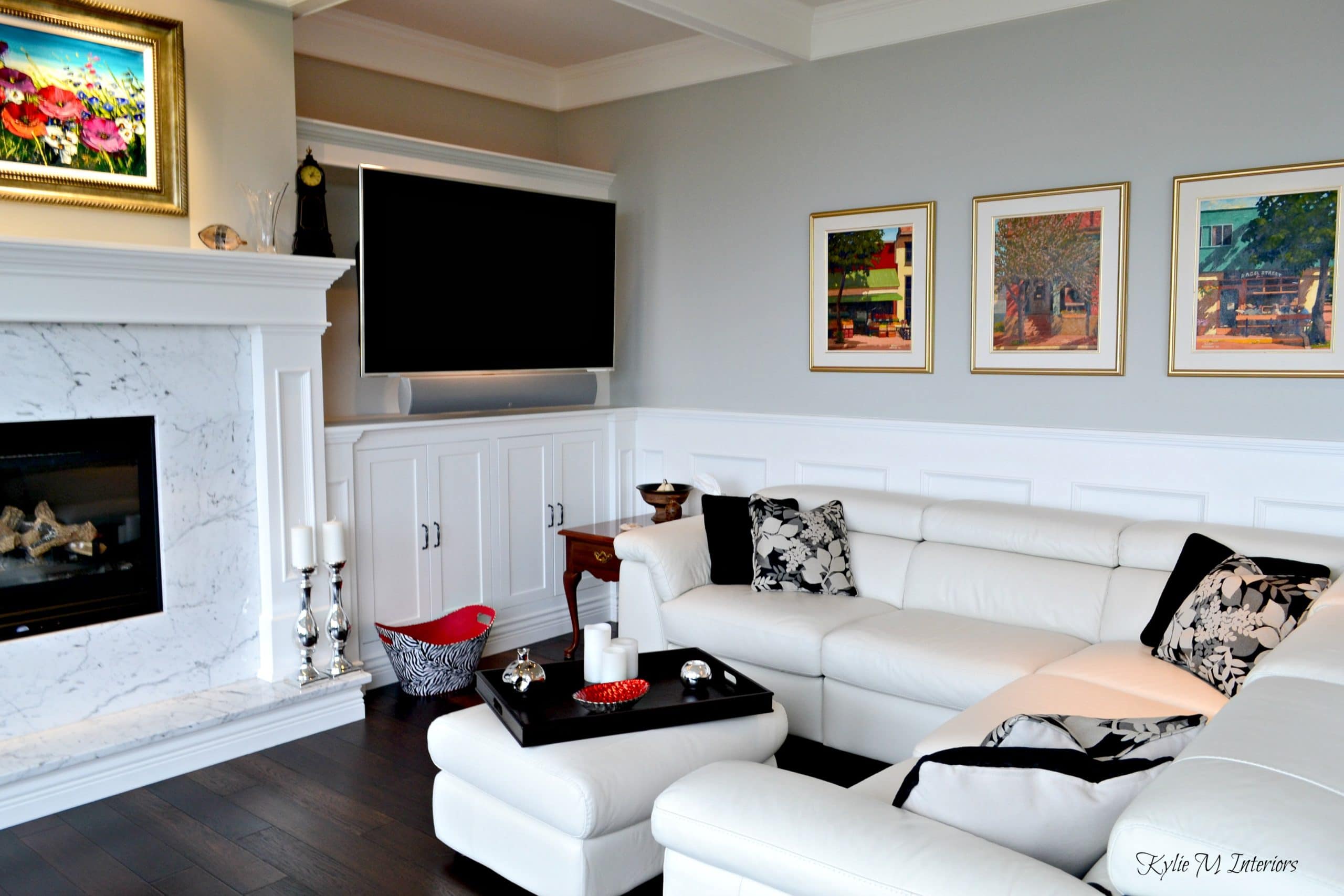 Living room with built in tv cabinet, marble fireplace ...