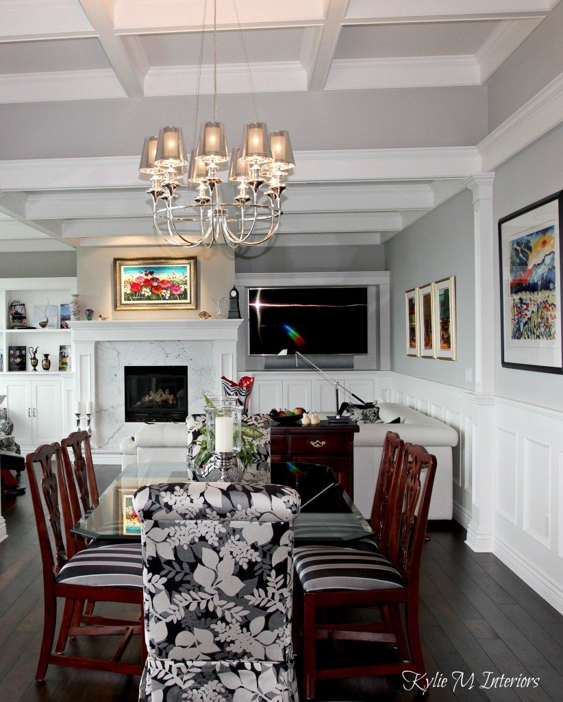 Traditional modern style open layout living room and dining room, coffered ceilings, Benjamin Moore Stonington Gray