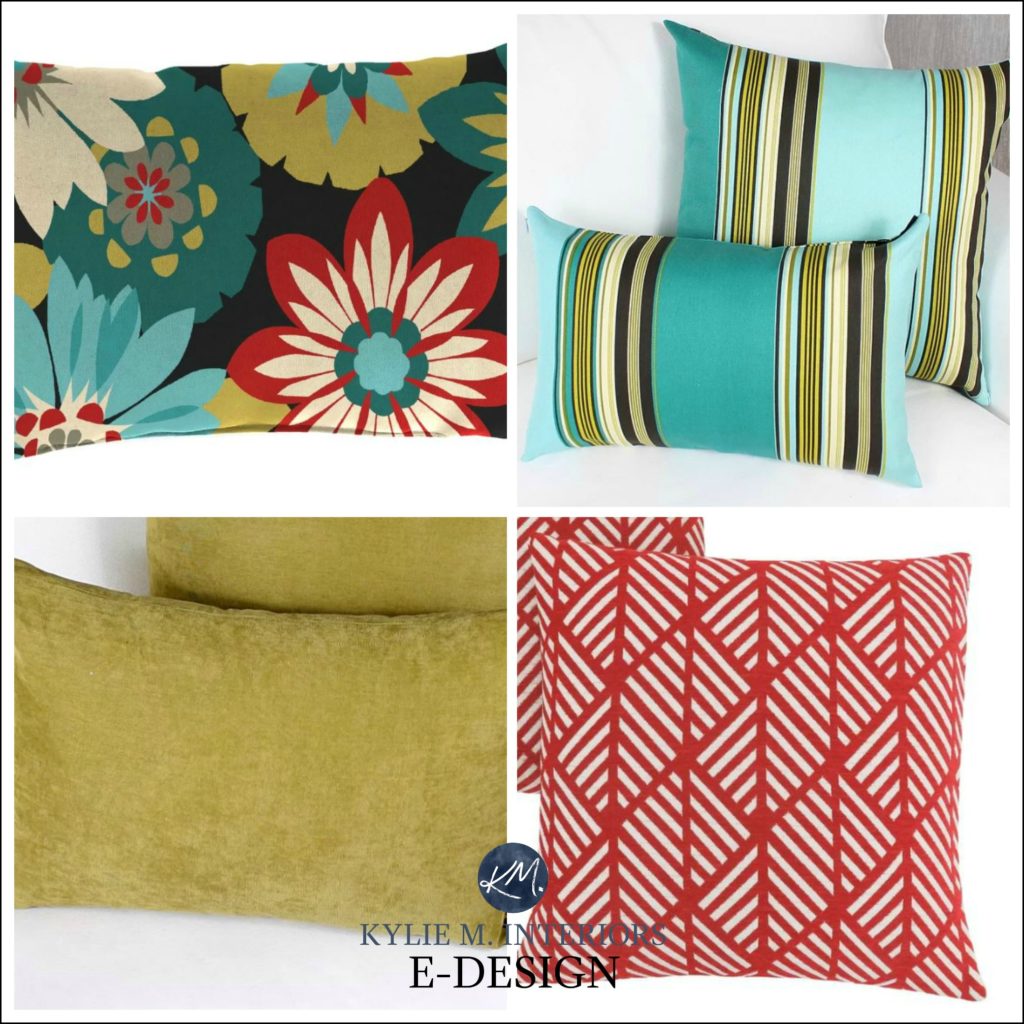 Vintage, teal, how to mix and match toss cushions, colours and patterns. red, green, teal, black. Kylie M INTeriors edesign