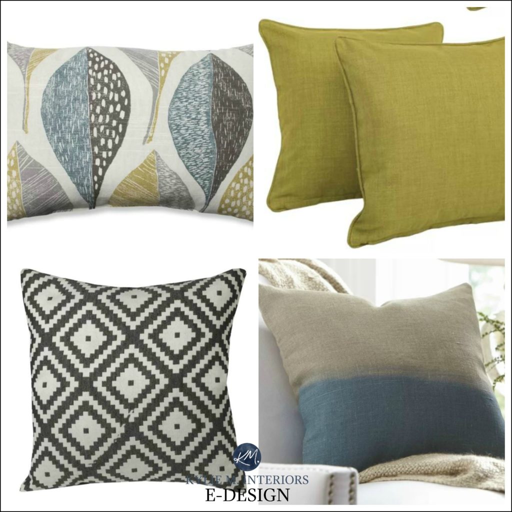 how to mix and match patterns on toss cushions and colours. Gray, blue, chartreuse. green. Teal and coral gray. KYlie M INteriors Edesign, wayfair toss cushions