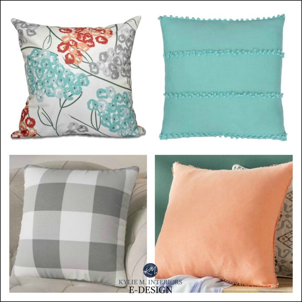 how to mix and match patterns on toss cushions and colours. Teal and coral gray. KYlie M INteriors Edesign, wayfair toss cushions