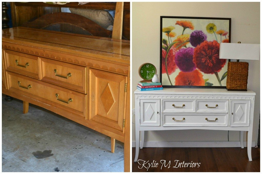 buffet, sideboard painted white before and after photo