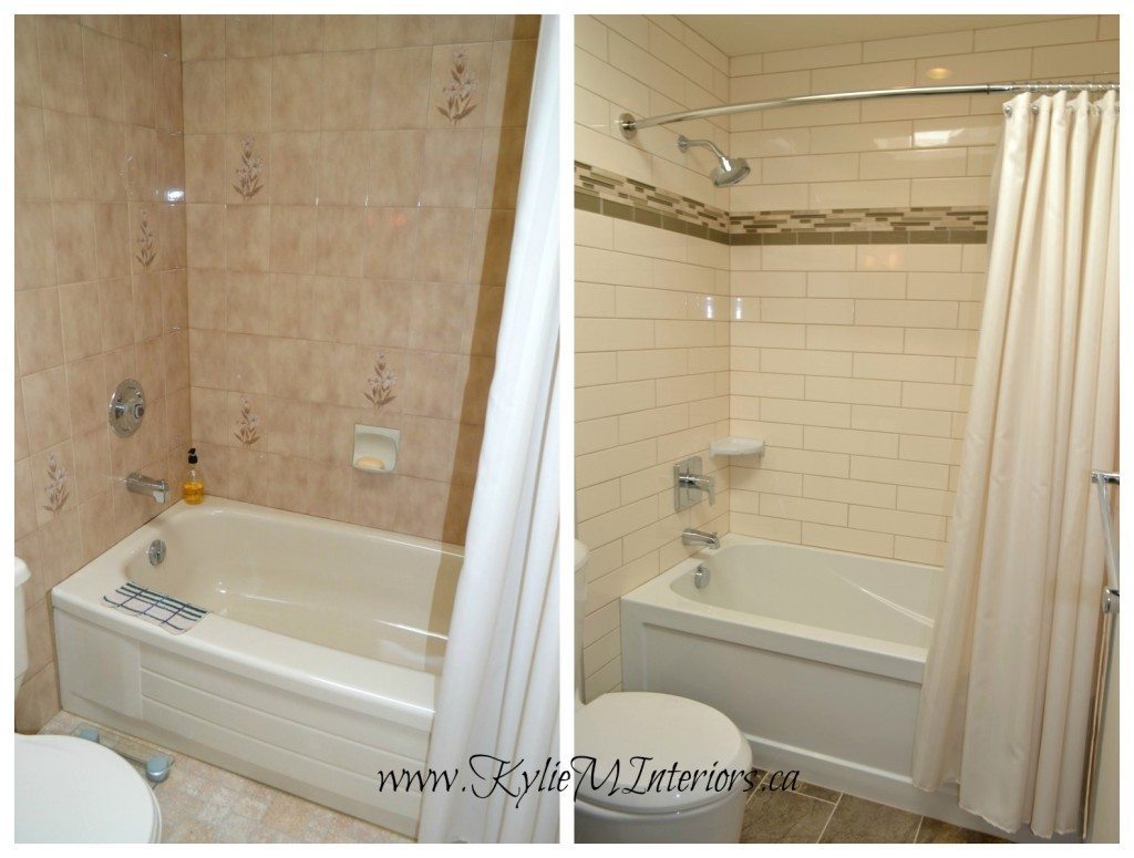 bathroom before and after photo cream subway tile brown and cream glass
