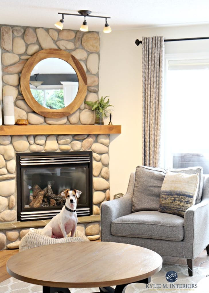 Living room with stone fireplace, Sherwin Williams Creamy. HOw to make a paint palette