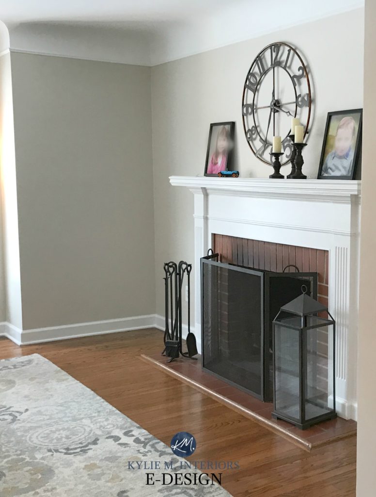 Benjamin Moore Edgecomb Gray, red brick fireplace, white mantel, greige paint colour. Kylie M Interiors E-design