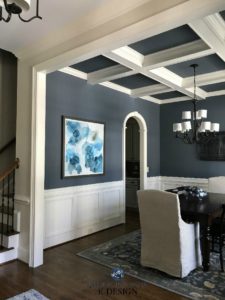 Dining Room, wainscoting, Sherwin Williams Wall Street. Coffered ceilings. Kylie M Interiors E-design, online paint consulting. Client photo