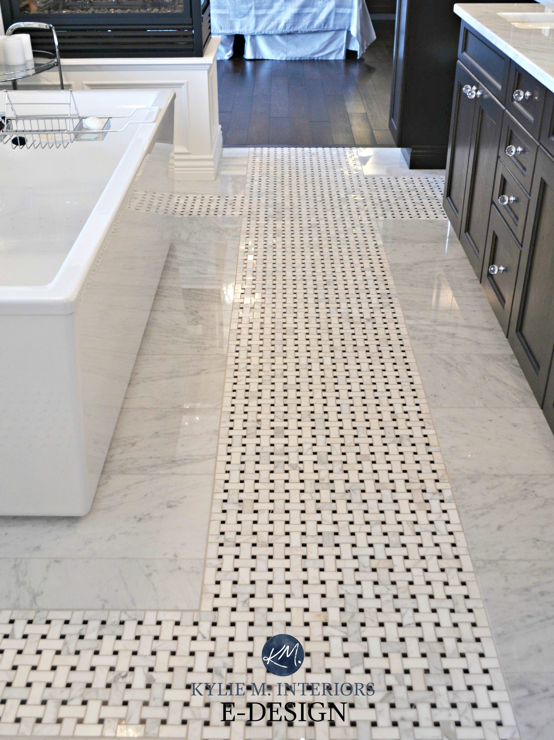 Ensuite bathroom, marble mosaic basketweave tile on floor with espresso