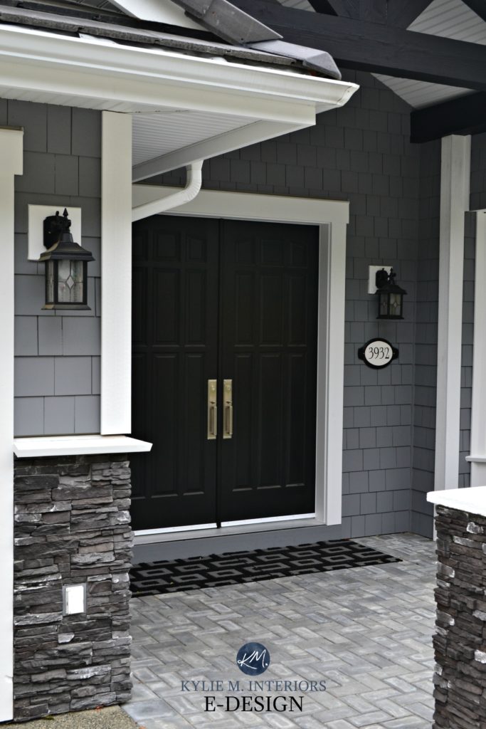 Exterior dark gray, similar to Benjamin Moore Dior Gray, gray stacked ledgestone. white trim, black double front door. Kylie M Interiors E-design and online color consulting