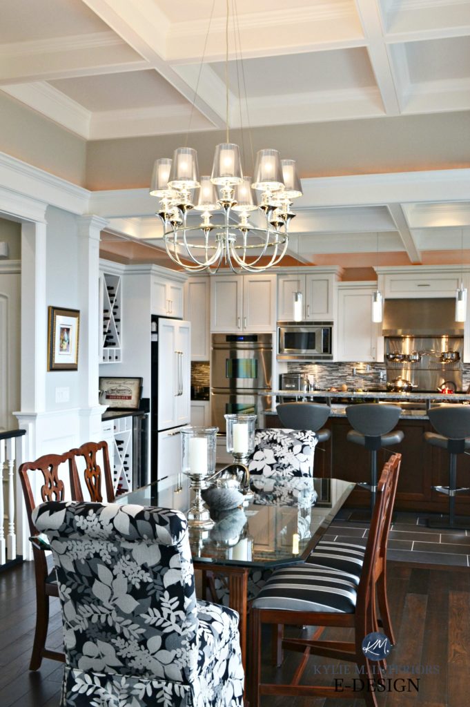 Open layout contemporary traditional dining room and kitchen. White, gray and black palette, coffered ceilings. Kylie M E-design, online colour consulting