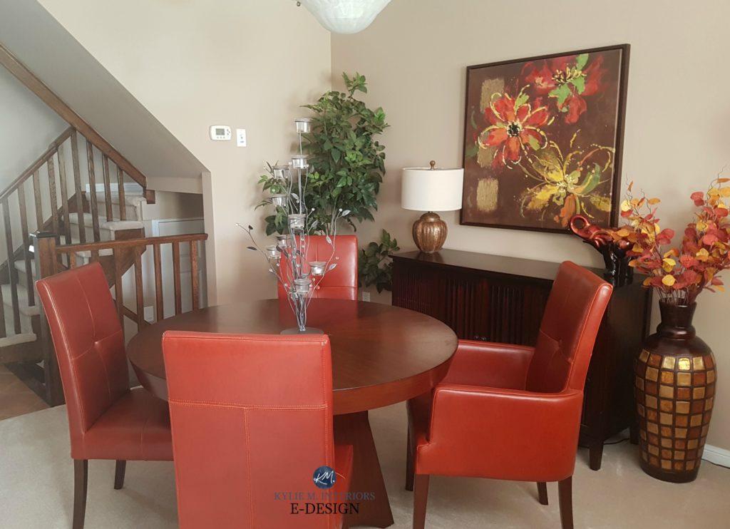 Benjamin Moore Kangaroo in dining room with red chairs and autumn earth toned accents. Kylie M E-design