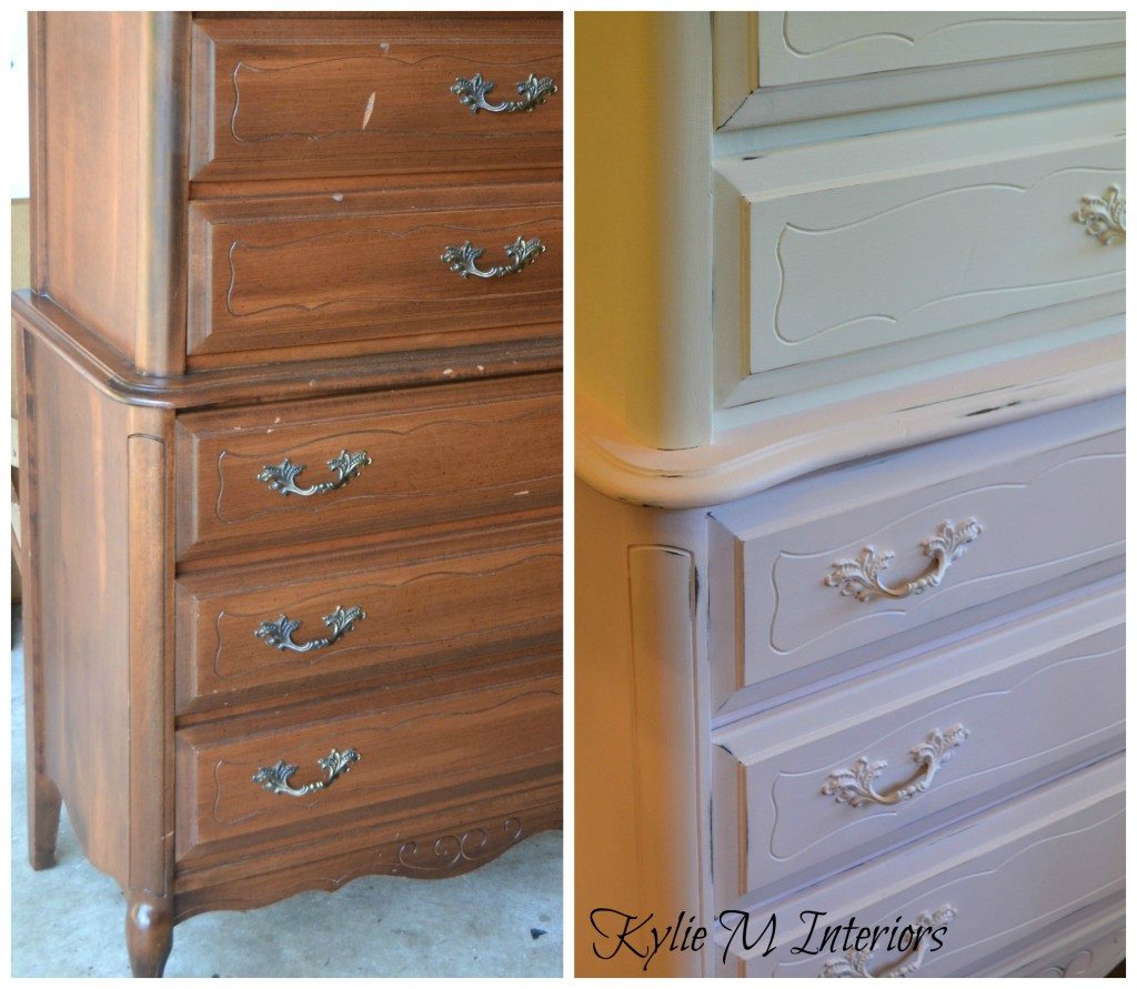 before and after photo french provincial dresser painted chalk paint pink and white