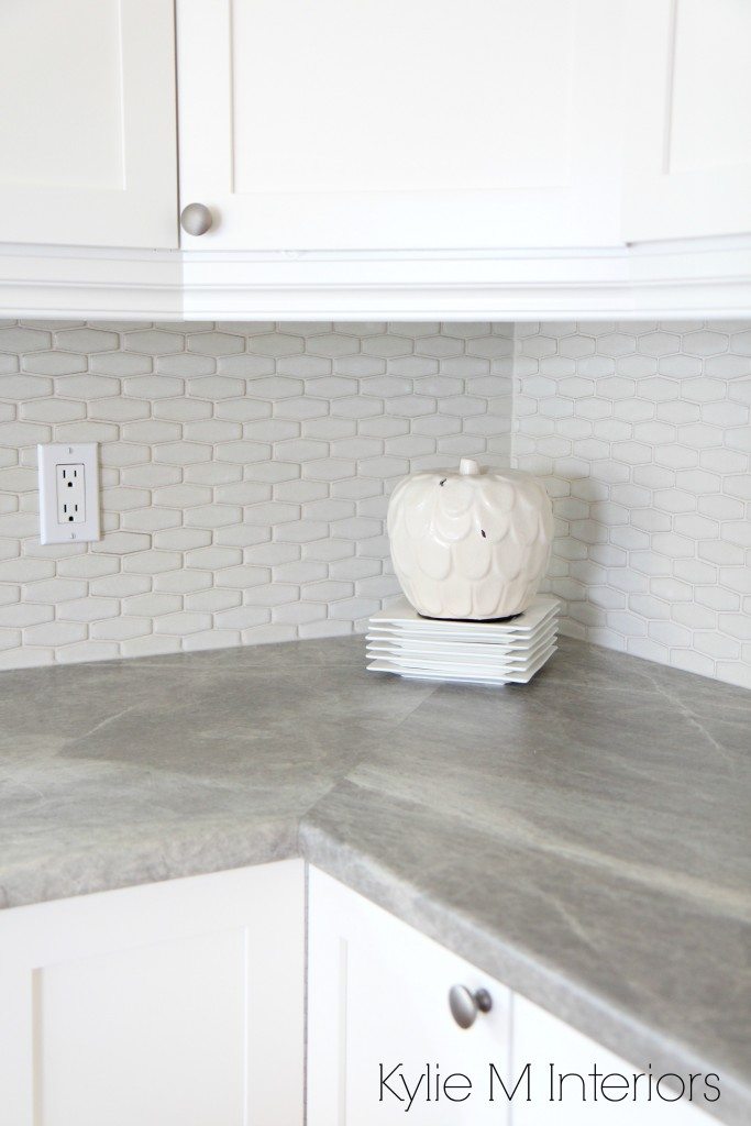 Hexagon shape subway tile backsplash, soapstone sequoia countertops by formica and maple shaker cabinets painted Cloud White by Kylie M Interiors Online Colour Consulting and E-Design