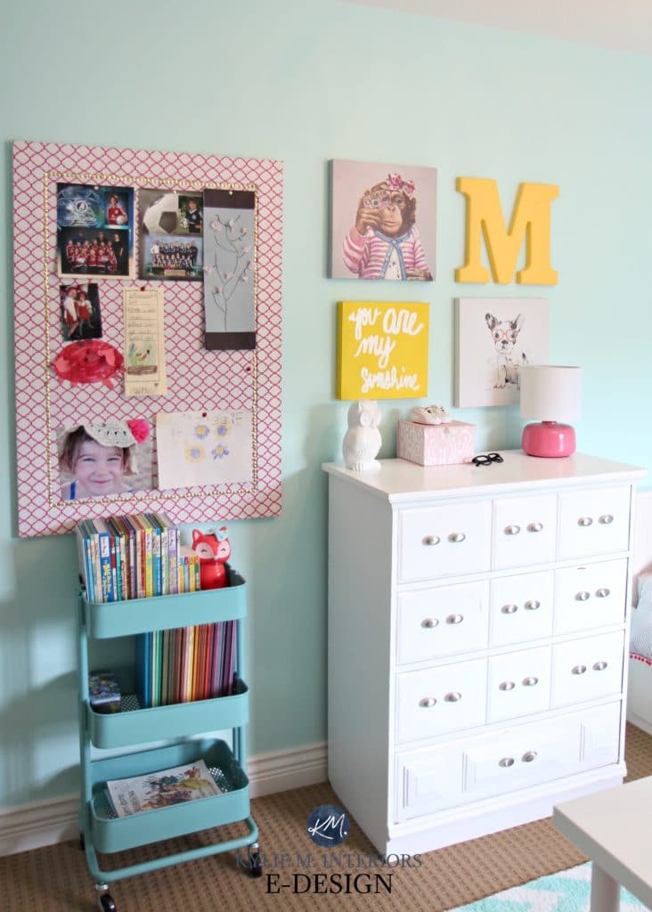 Ikea hack Raskog cart, girls bedroom decorating and storage, organizing ideas for books. Teal, pink and white palette. Kylie M E-design