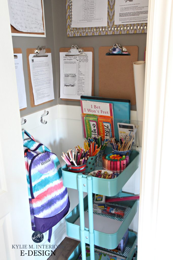 Ideas to organize kids homework, Ikea Raskog cart. Papers, schoolwork, artwork and crafts. Kylie M E-design, online consulting