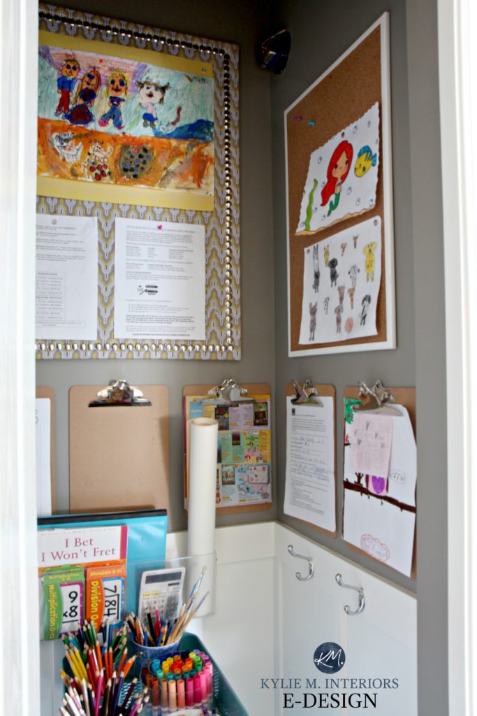 Ideas to organize kids homework, school papers, artwork and crafts. Kylie M Interiors E-design, online decorating design blog