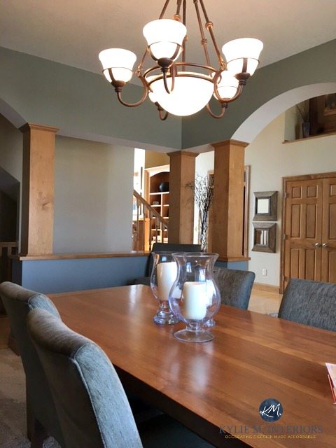 Antique Pewter Benjamin Moore in dining room wtih wood trim, flooring and doors. Kylie M Interiors E-design and Online Colour Consulting