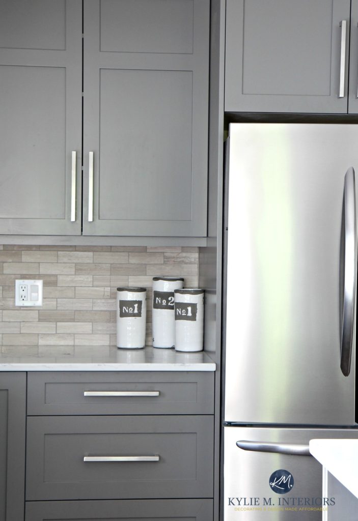 Benjamin Moore Amherst Gray painted cabinets, driftwood backspash in subway tile layout. Kylie M Interiors E-design