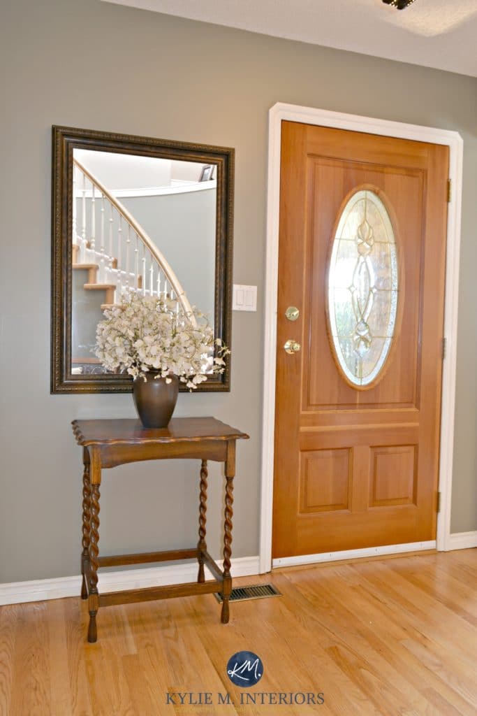 Benjamin Moore Sandy Hook Gray in entryway with orange toned oak floor and fir front door. Best paint colours for wood. Kylie M Interiors E-design and Online Color consultant
