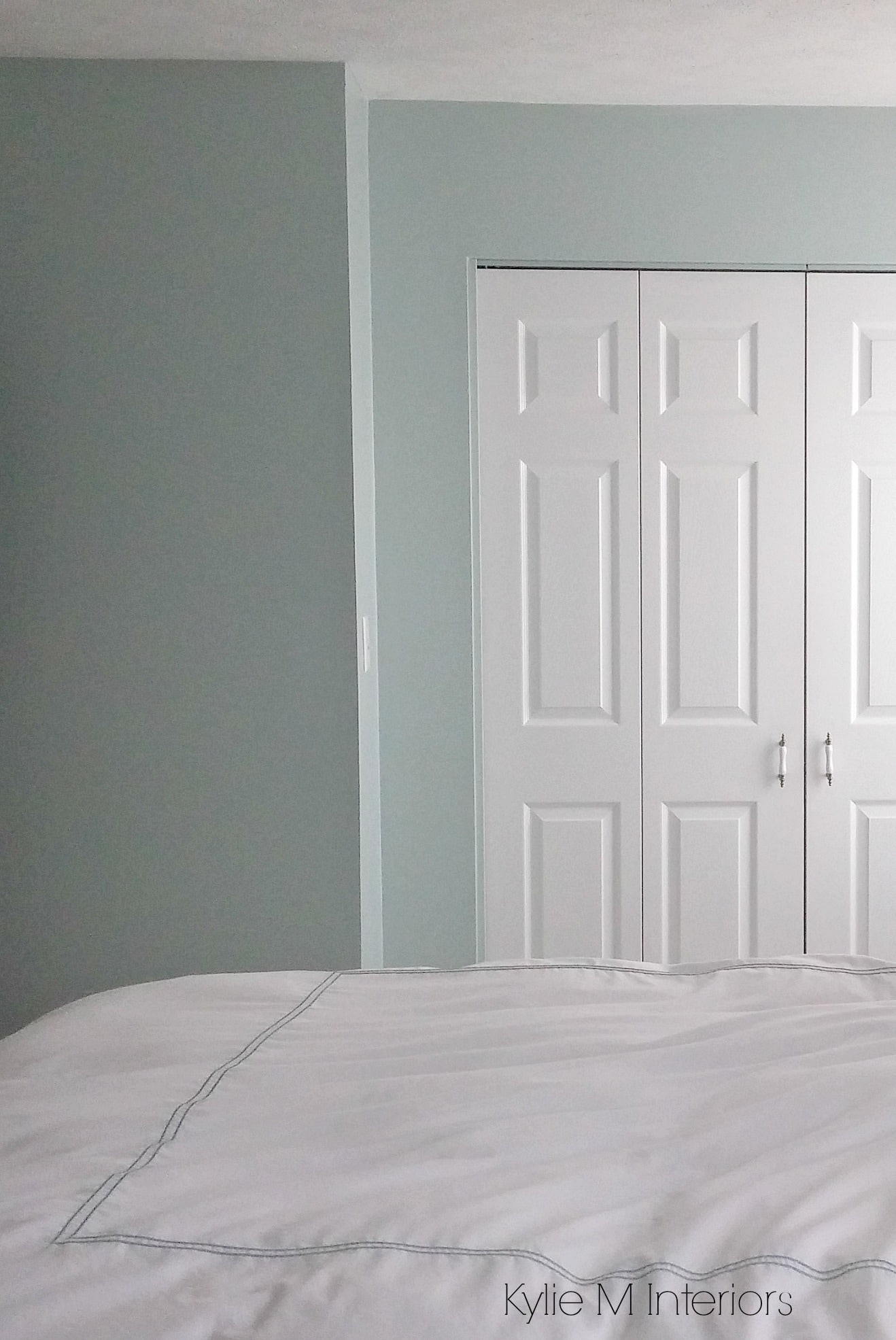 Sherwin Williams Rainwashed is a blue green gray blended paint colours. Shown in bedroom. Color