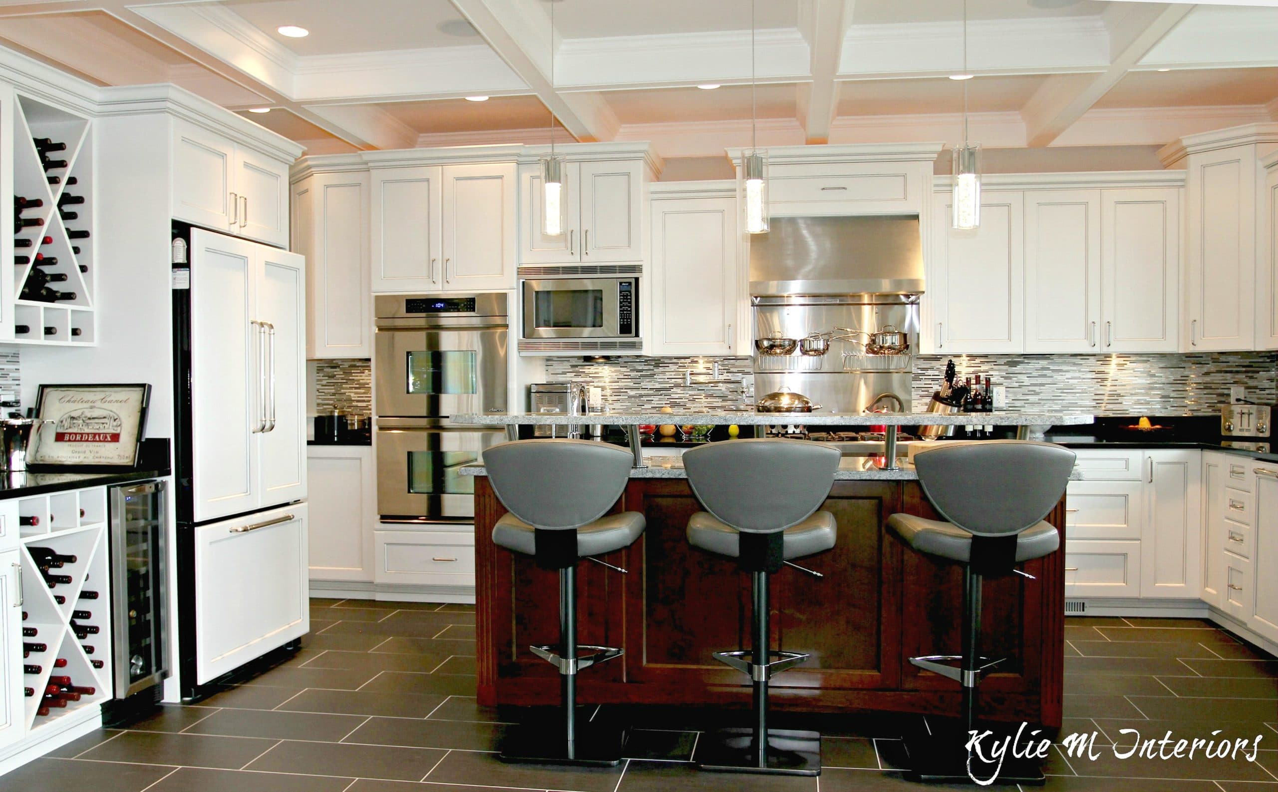 U Shaped Kitchen With Island And Raised Bar Top Coffered Ceilings