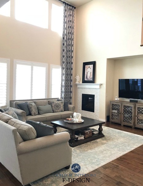 Benjamin Moore Navajo White in 2 storey tall ceiling living room with greige sofas and windows. South facing, southern exposure Kylie M E-design client before photo