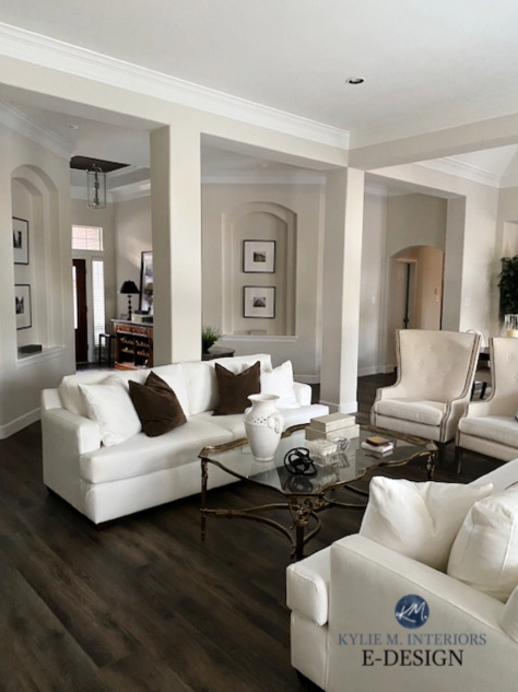 BEnjamin Moore Winds Breath in formal living room, neutral taupe beige paint colour. Kylie M Interiors Edesign, white off white sofas, dark wood flooring.