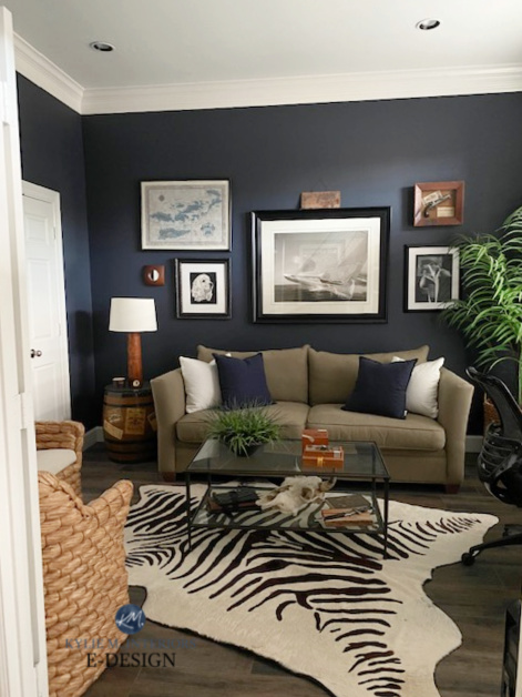 Benjamin Moore Hale Navy best navy blue paint colour in den or office, khaki sofa, gallery wall. Kylie M INteriors Edesign