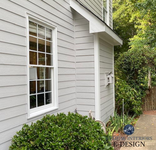 Exterior siding painted Sherwin Williams Knitting Needles white trim, white shutters, best gray paint colour for exterior of house. Kylie M Interiors Edesign. (3)