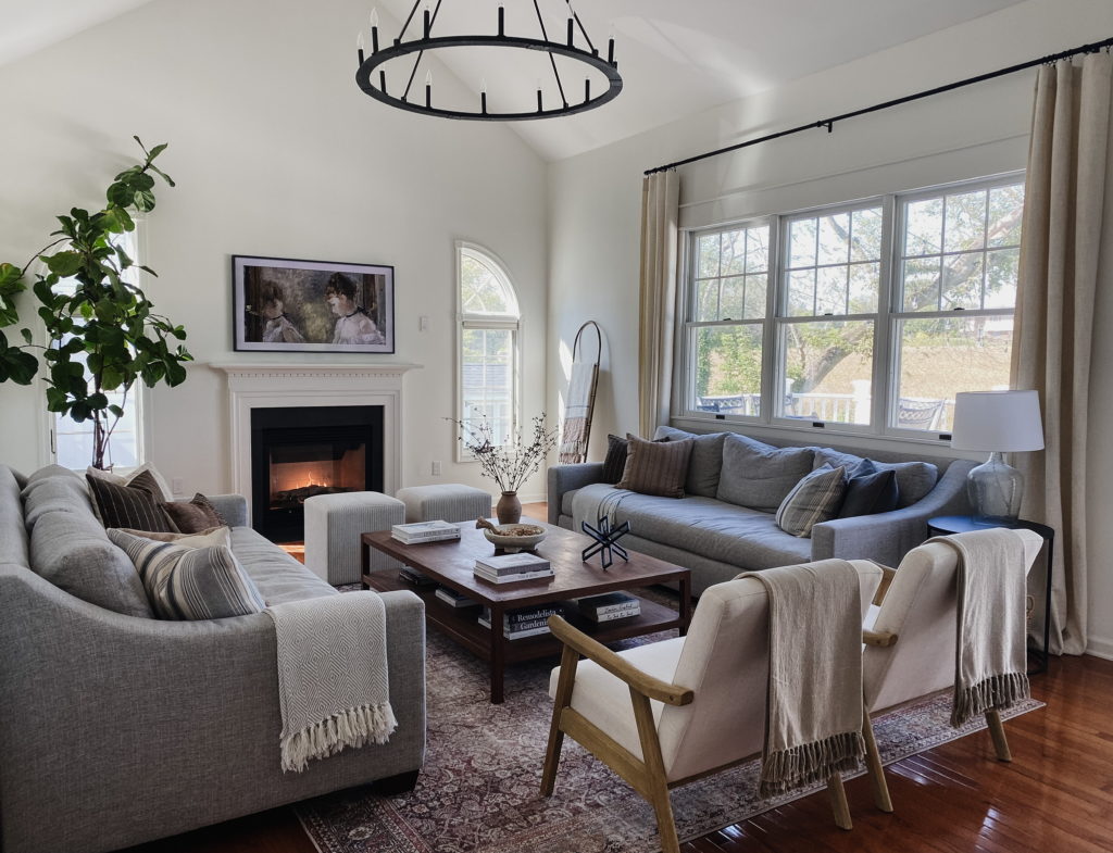 Living room, transitional style furniture, home decor, wall paint warm white Sherwin Williams Alabaster, fireplace and tv, Kylie M Interiors Edesign, Jenna Christian home