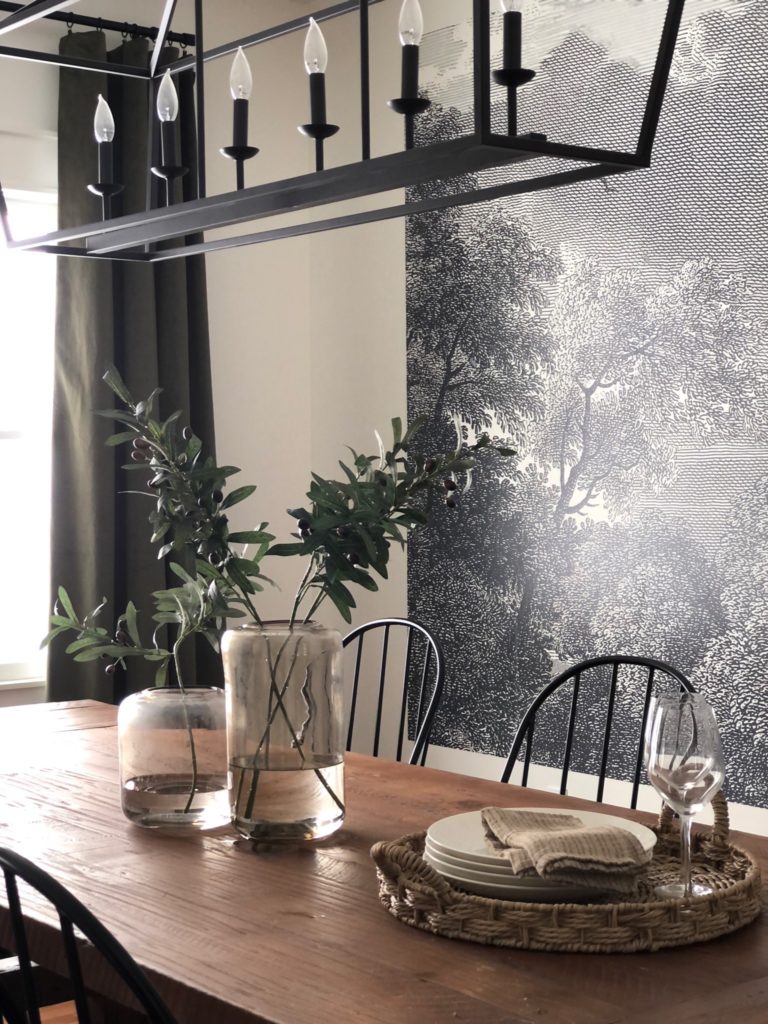 Sherwin williams Alabaster with black and white mural wallpaper, chandelier, modern farmhouse, dining room home decor. Kylie M Interiors Edesign, Jenna Christian blogger