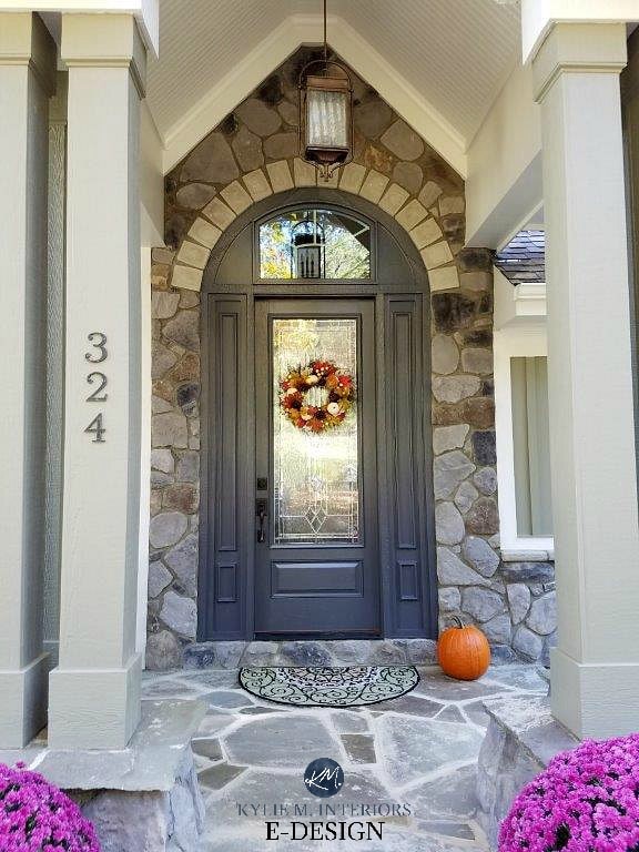 Best front door paint colour. Stone exterior around front door with patio and beams. Kylie M Interiors Edesign, online paint color consultant. DIY Decorating and design. Front door painted Benjamin Moore Gray 2121-10
