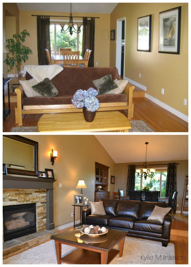 how to lighten a room with low natural light or dark basement room. Living room before and after with Benjamin Moore Jamesboro Gold