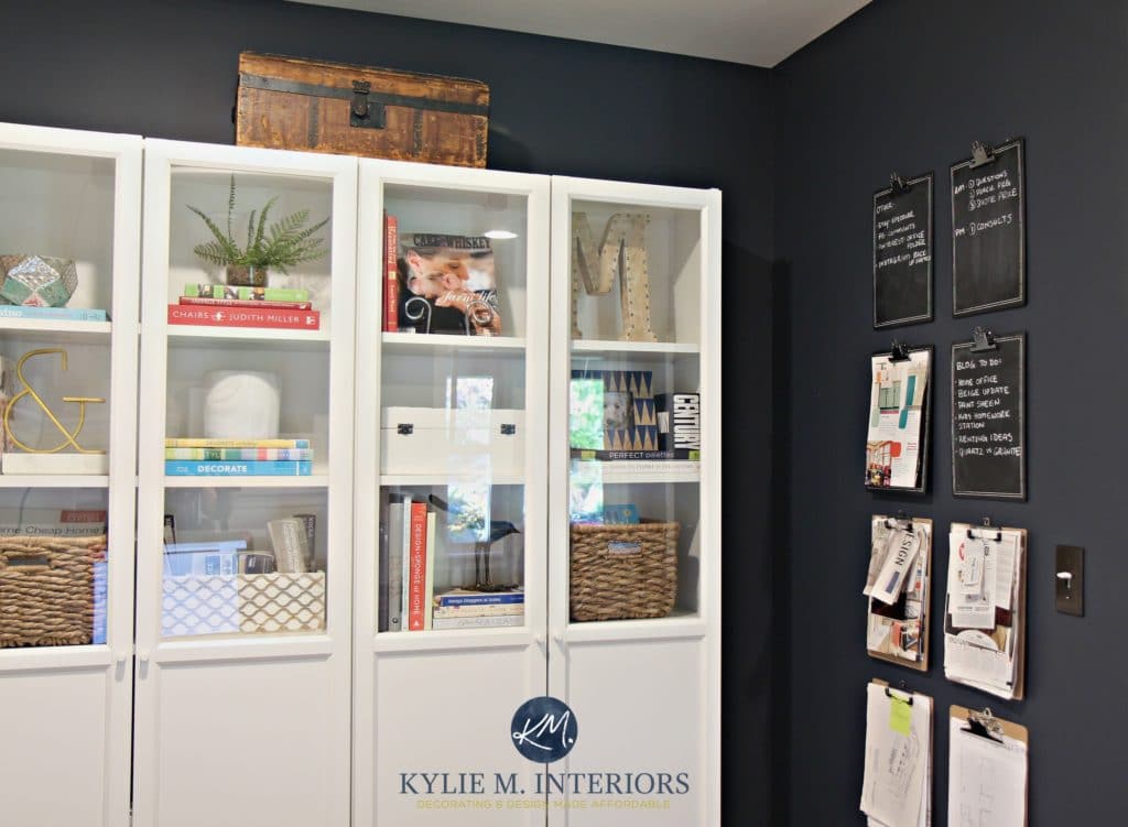 Benjamin Moore Hale Navy, LRV and a home office with white cabinets and home decor by Kylie M INteriors E-Design and Color Consultant
