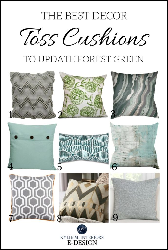 Best decor ideas to update forest green carpet, sofa, furniture. Toss cushions. Kylie M E-design, online virtual decorating