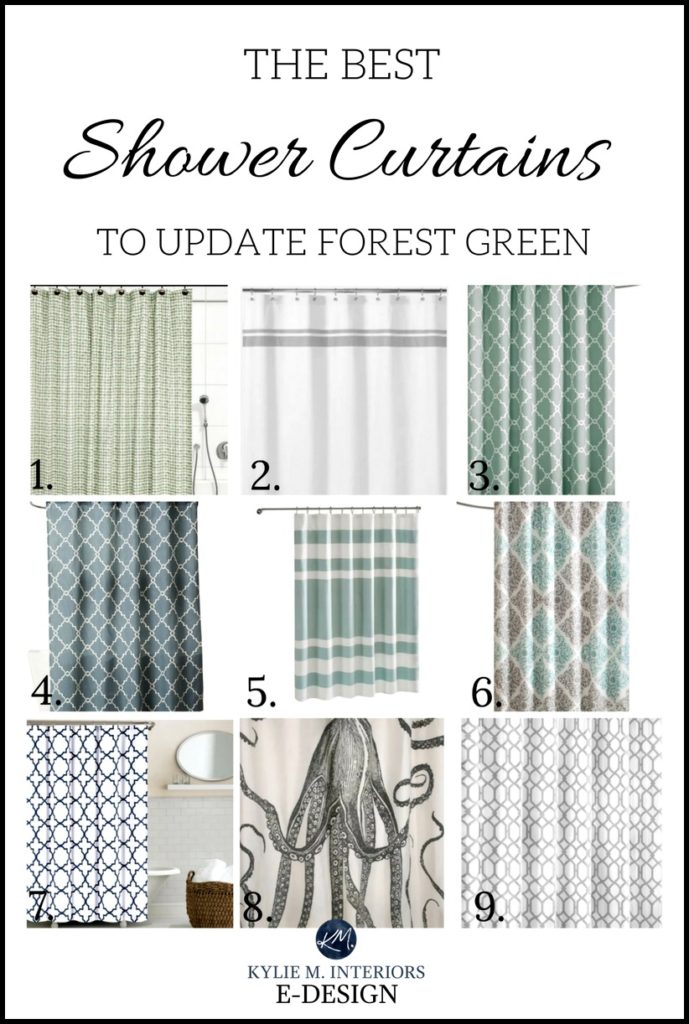 Best shower curtains, decor, to update forest green bathroom fixtures, countertop. Kylie M E-design, online paint color consultant