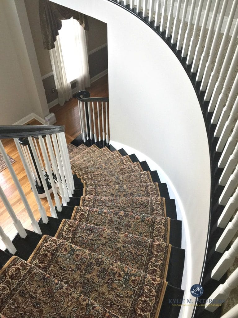 LRV and Benjamin Moore Collingwood Gray, warm gray , greige paint colour. Online Color Consultation by Kylie M Interiors. 2 storey entryway, curved stairs, black railing