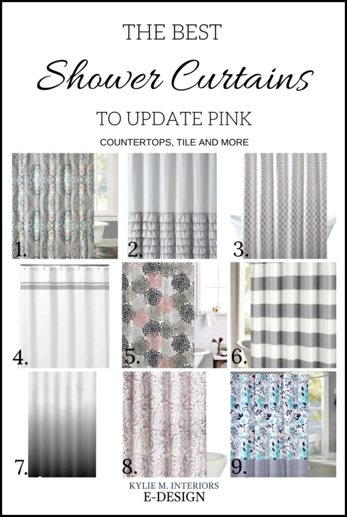 Best shower curtains decor to update bathroom with pink, dusty rose fixtures, tile, countertop, tub, toilet. Kylie M E-design, online paint color consulting, blog