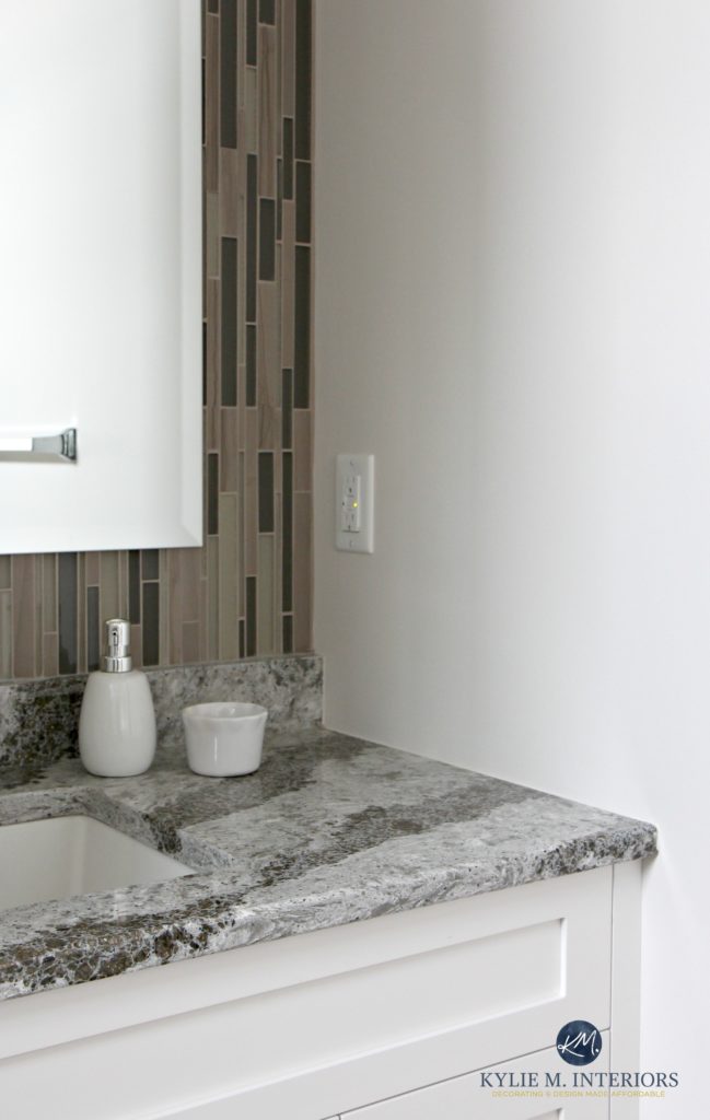 Cambria Galloway with Sherwin Williams Aesthetic White in small bathroom with mosaic tile. Kylie M Interiors