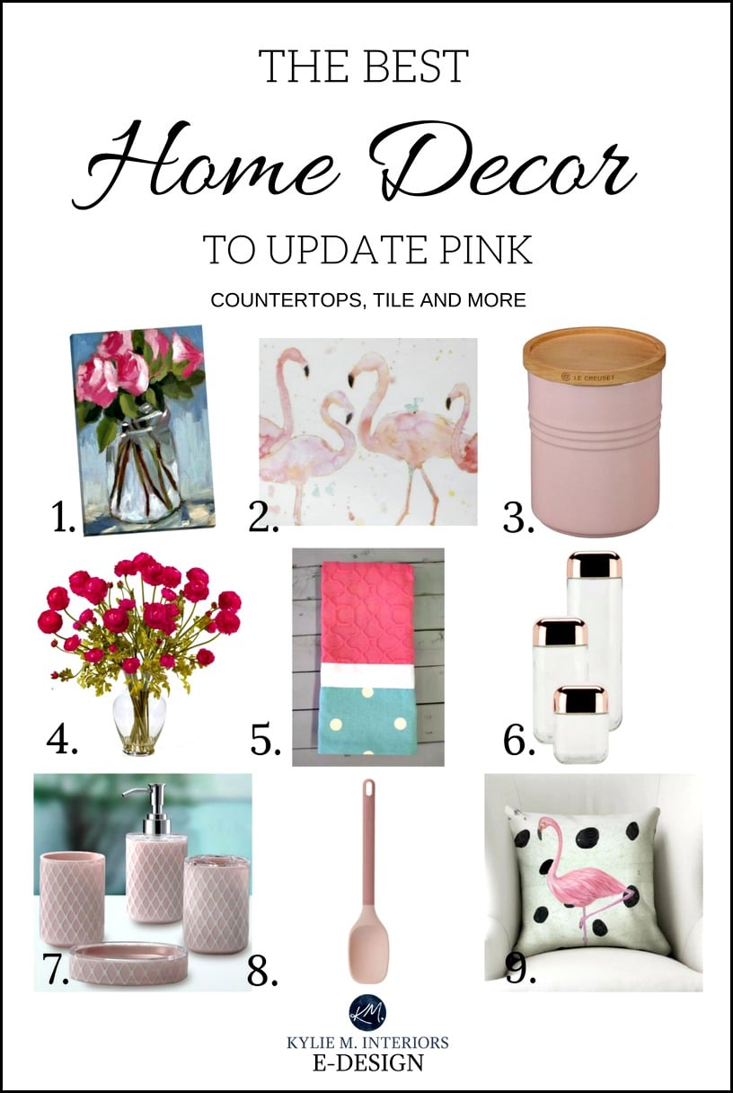 Decor, accessories to update pink or dusty rose kitchen, bathroom, countertop, tile, fixtures. Ideas by Kylie M E-design, Online blog, consultant