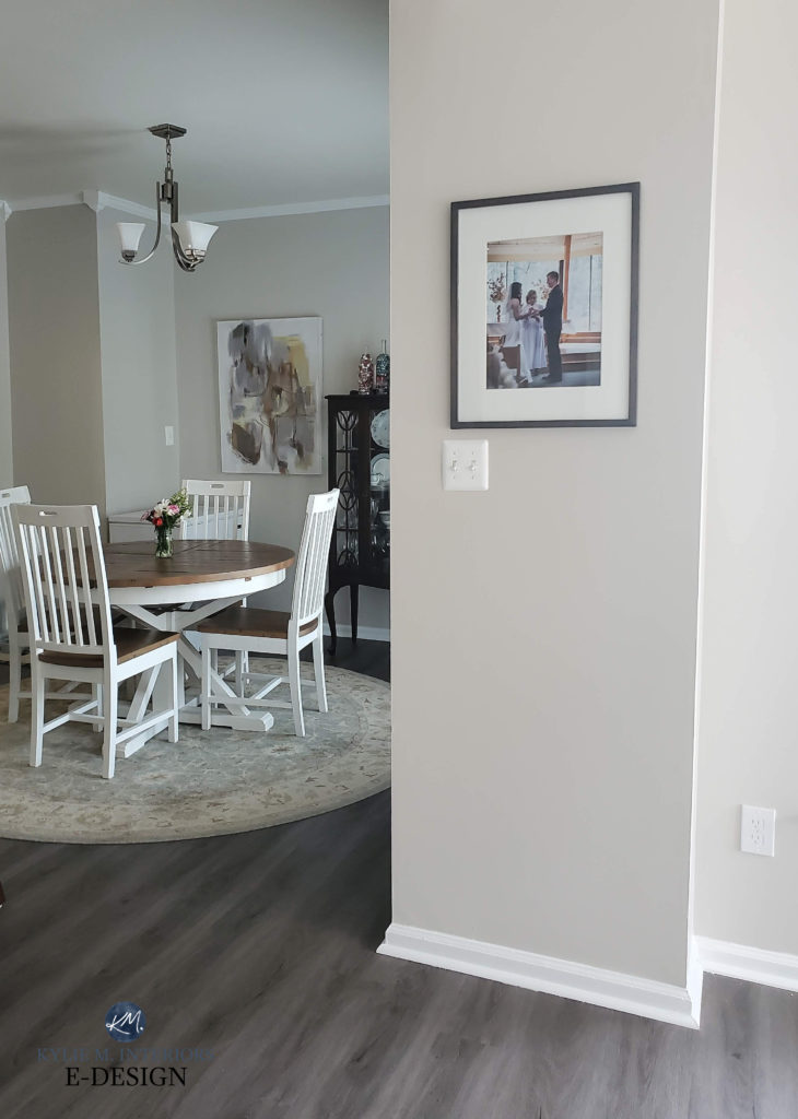 Sherwin Williams Modern Gray with wood or lvt laminate floor with gray hues and violet. greige or taupe paint color. Kylie M Interiors Edesign