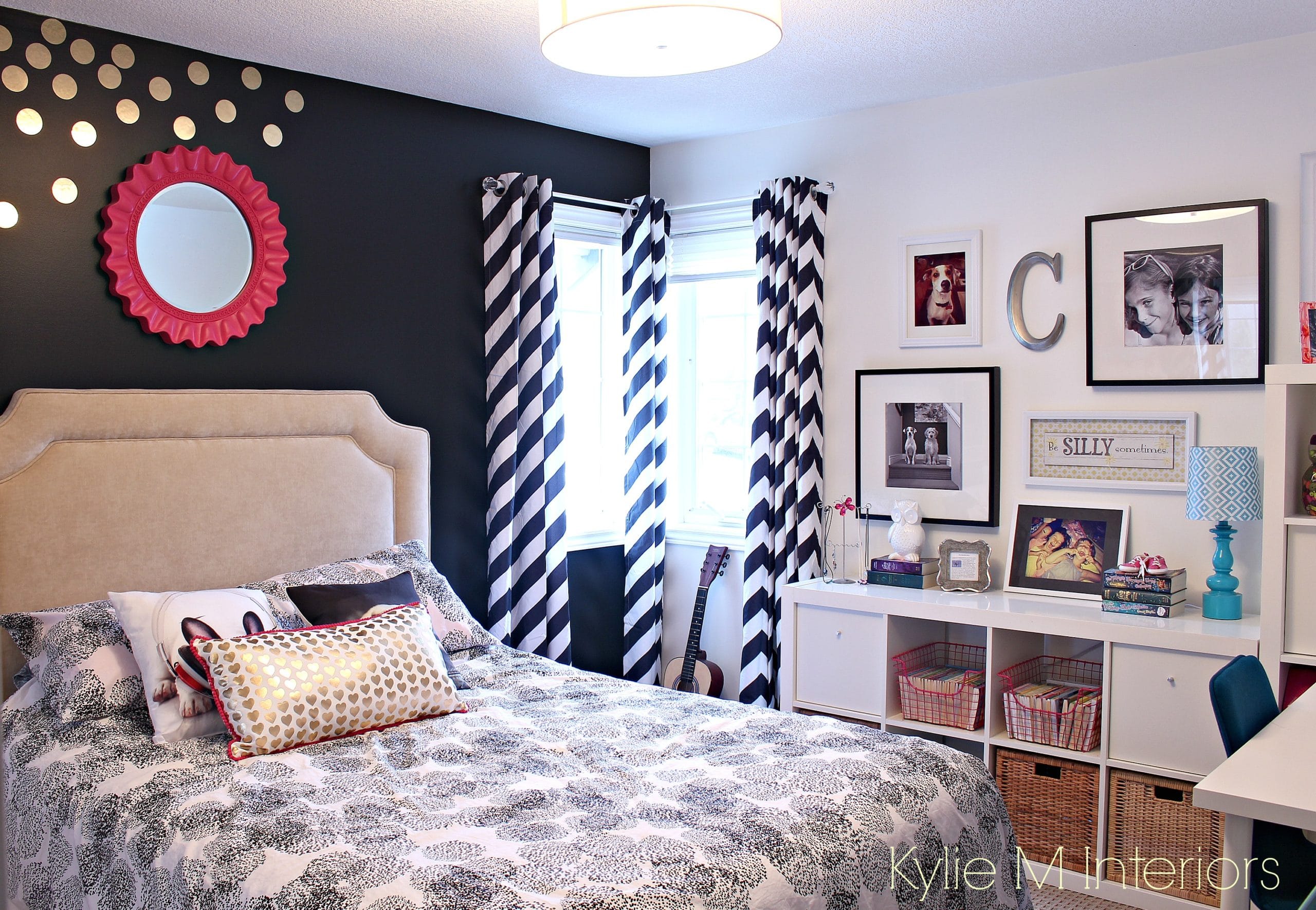 Tween or teen color and decorating ideas. Black and Benjamin Moore Simply White with hot pink accents and photo gallery wall. Ikea Kallax units by Kylie M Interiors