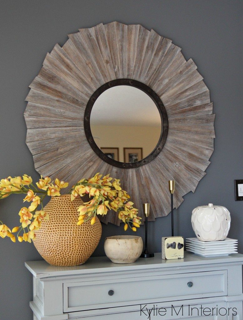 Benjamin Moore Gray with cool undertones. Country style home decor on dining room buffet