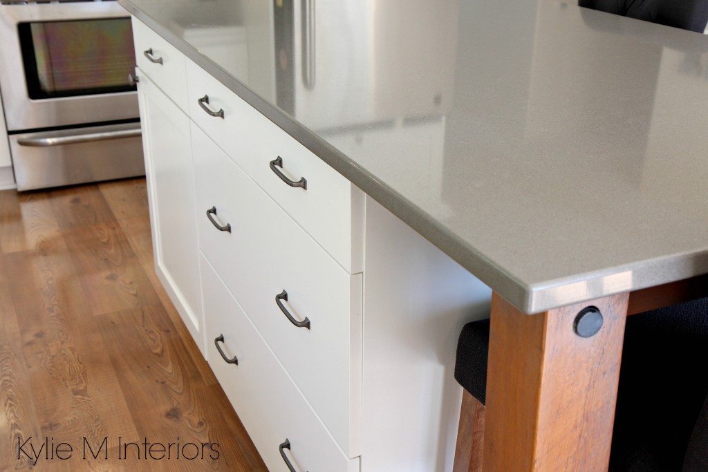 Gray quartz island countertops, Benjamin Cloud White and rustic, reclaimed wood island legs or supports