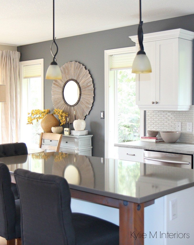 Kitchen island in gray quartz with soapstone look countertops, painted cabinets in Cloud White and Benjamin Moore Gray walls Kylie M Interiors