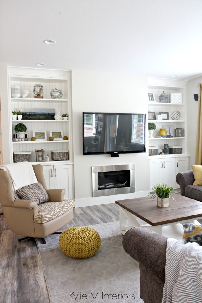 Beautiful farmhouse country style living room with Benjamin Moore Edgecomb Gray and built ins by Kylie M INteriors