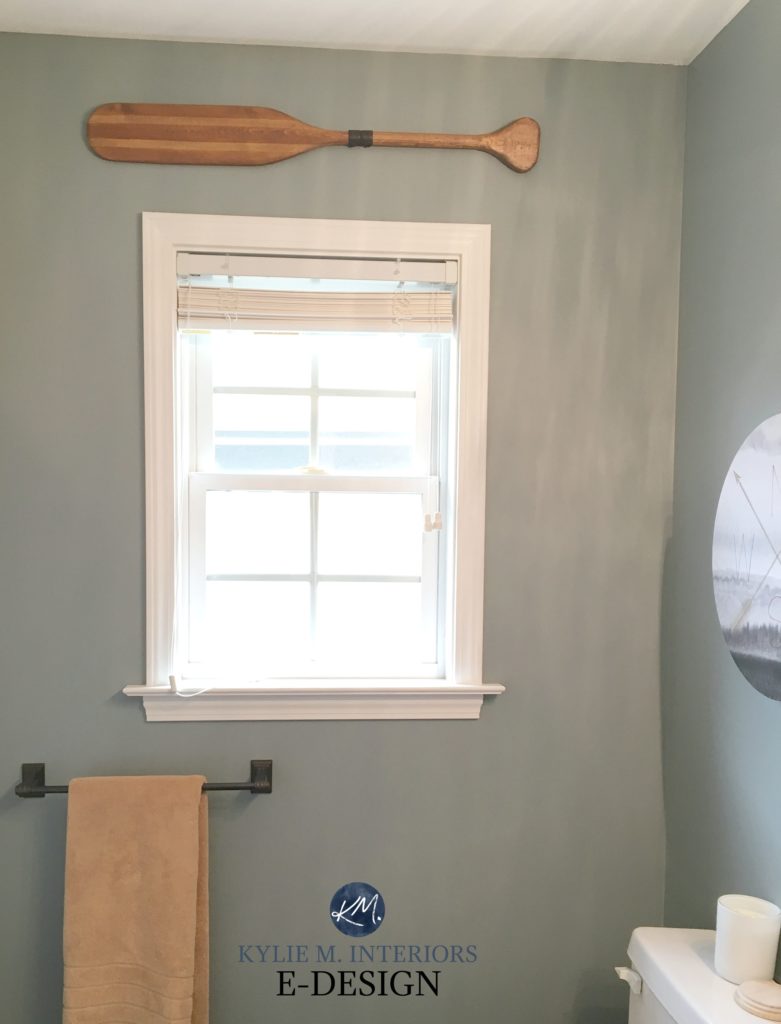 Best blue gray paint colour. Benjamin Moore Gibraltar Cliffs in bathroom. Kylie M Interiors Edesign, online diy paint color advice consulting